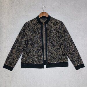 Ming Wang Cardigan Women's Large Petite Black Gold Floral Rhinestone Open Front